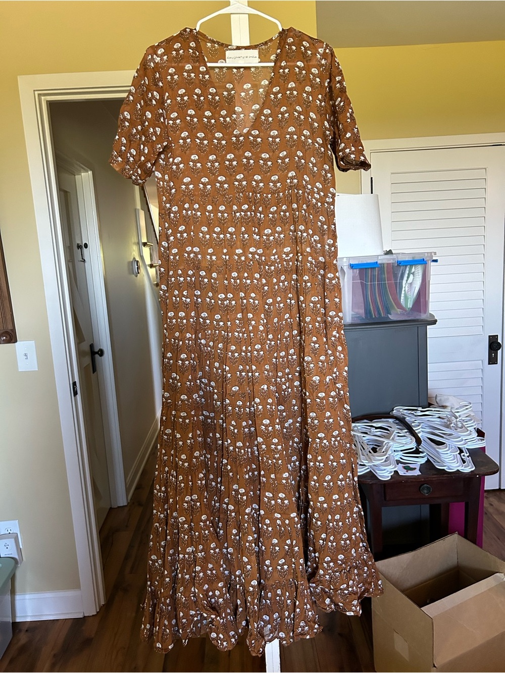 Daughters of India Brown Floral Maxi Dress with White Accents